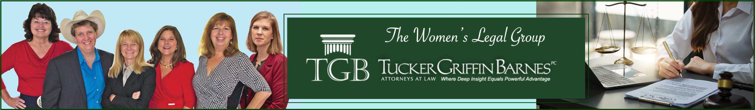 Ad banner with portrait of the Women's Legal Group at Tucker Griffin Barnes Law firm, Charlottesville Virginia