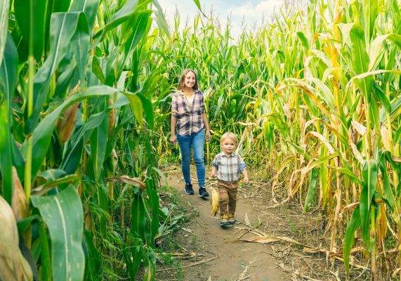 woman and child through a corn maze, istockphoto