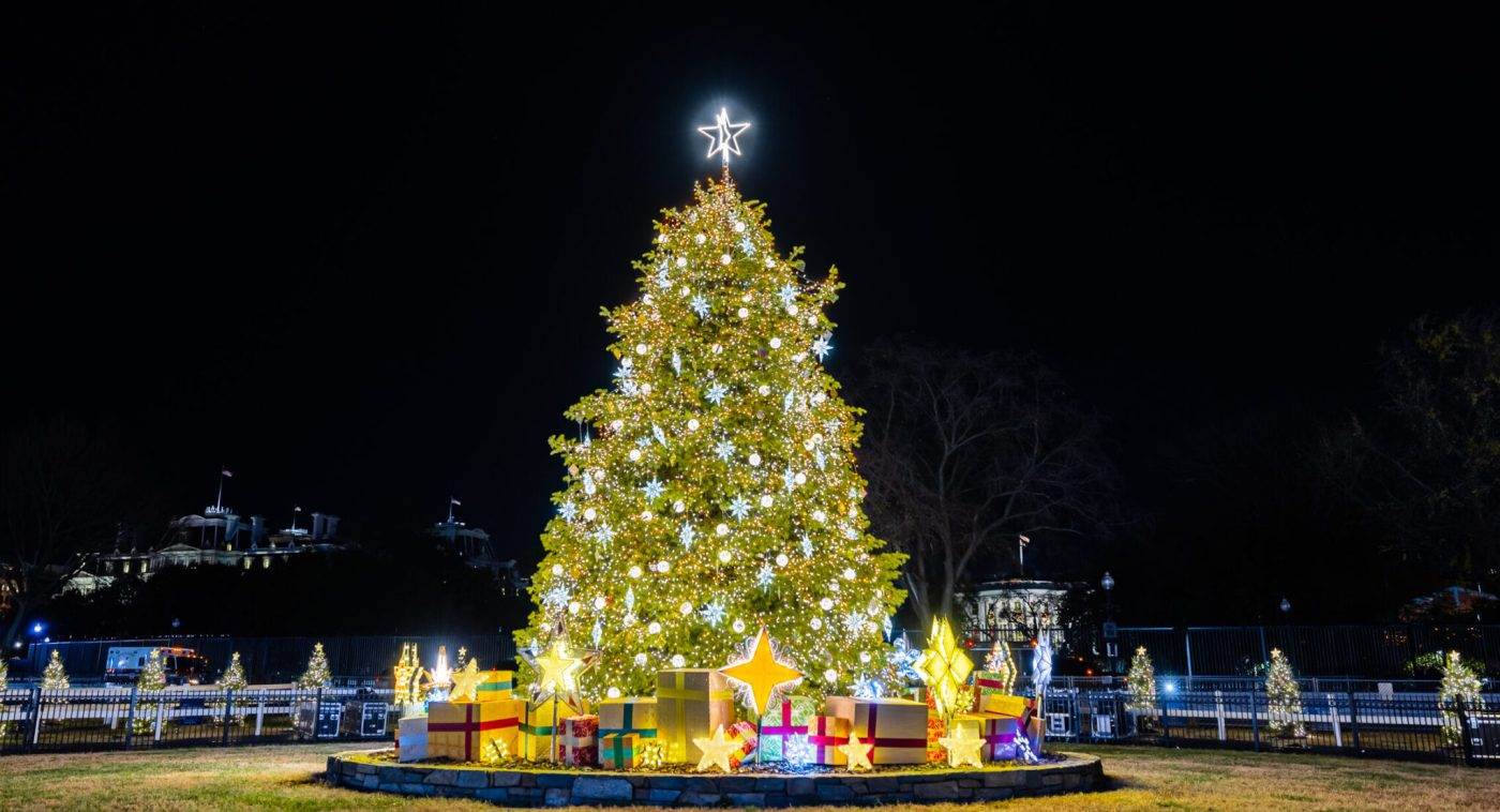 The national Christmas tree is lit up with glowing presents underneeth to celebrate the holiday season in Washington D.C.