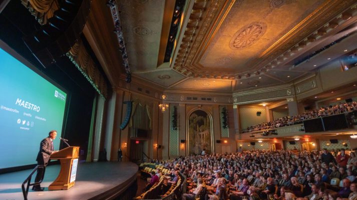 interior of Charlottesville's Paramount theatre - introducing a movie producer at Virginia Film Festival