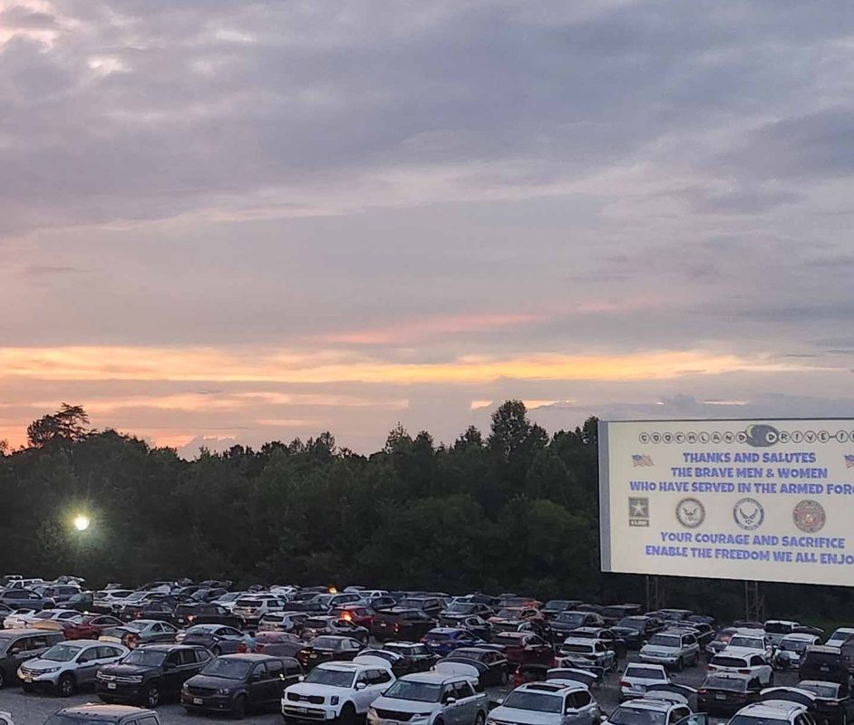 goochland drive in movie theater screen with cars lined up to watch