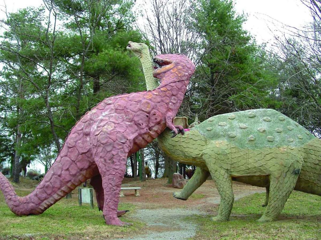 Dinosaur statues fighting at Dinosaur land in White Post Virginia
