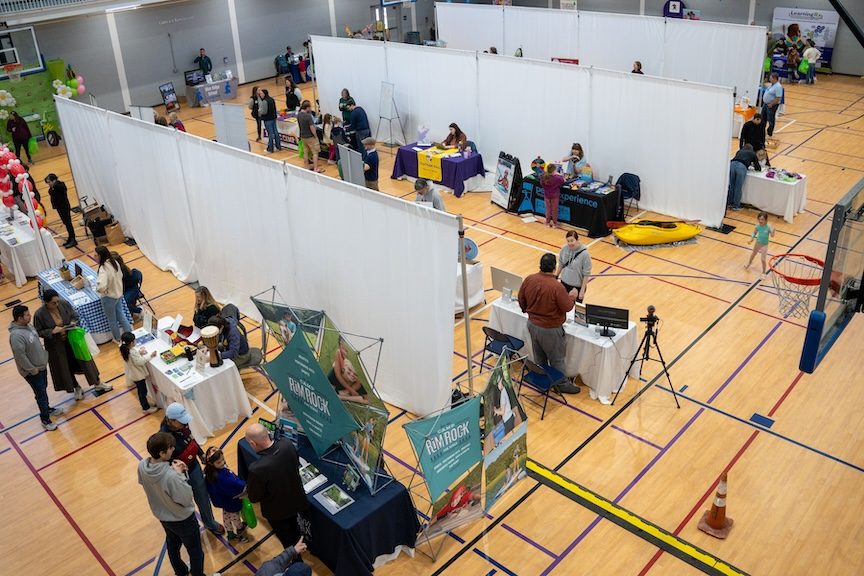 View from above of families and booths at CharlottesvilleFamily Camp Expo and KidFest